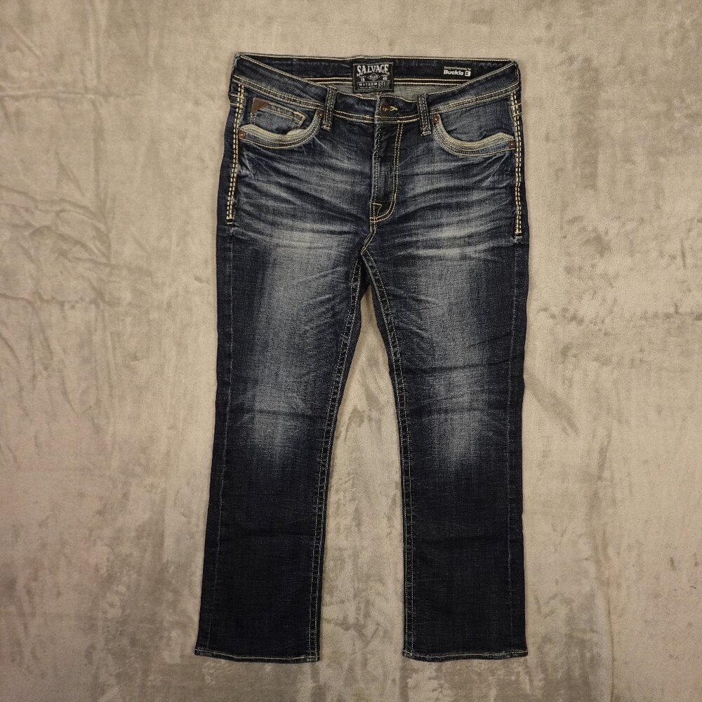 Buckle Salvage Mayhem Bootcut Jeans Men’s 34R Dark‎ Wash Stretch Denim